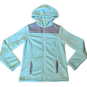 SO Jacket Spring Fall Coat Hooded Pockets Teal Fuzzy Cozy Faux Fur Girls Size 16